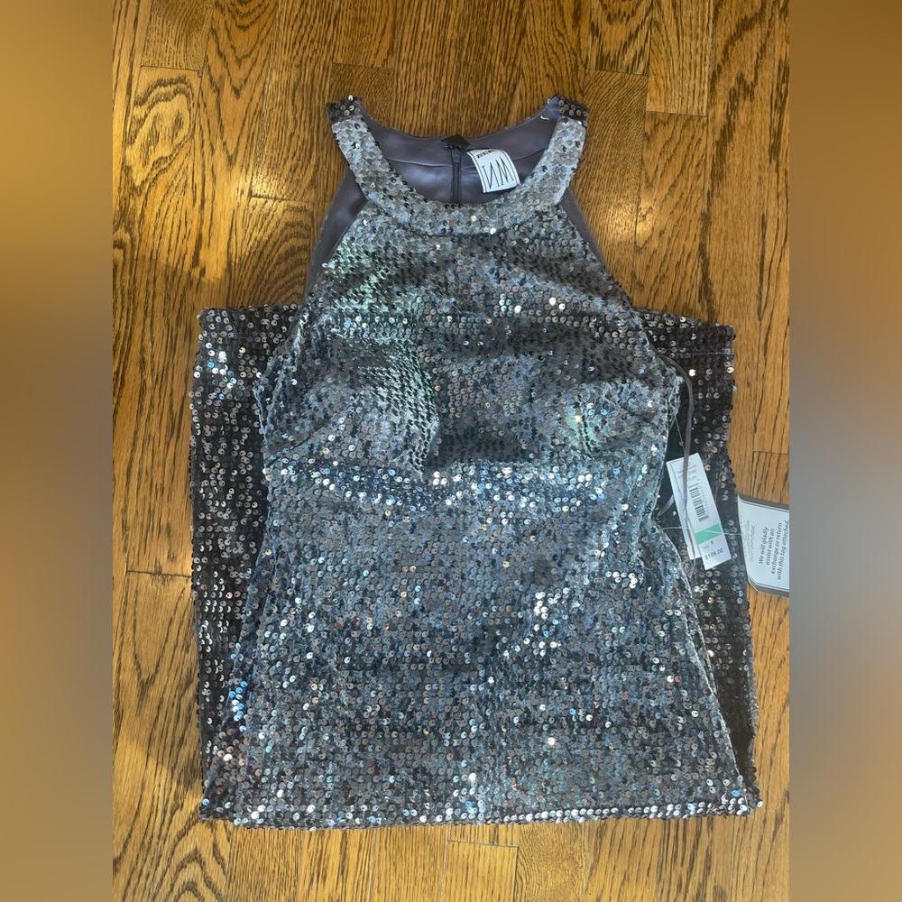 Grey knee length high neck Macy’s sequin dress